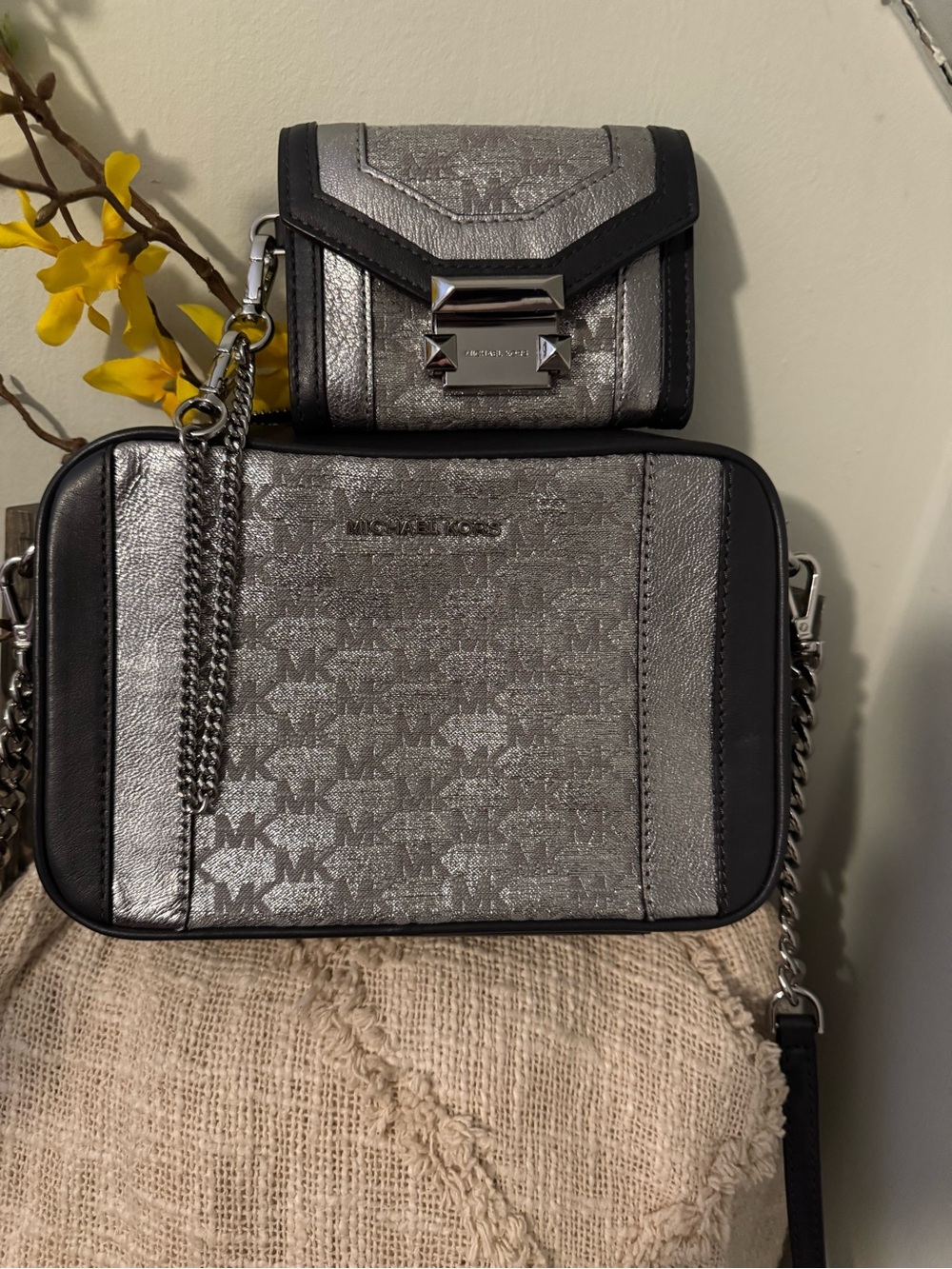 Michael Kors Silver Metallic MK Logo Crossbody Bag with Matching Wallet